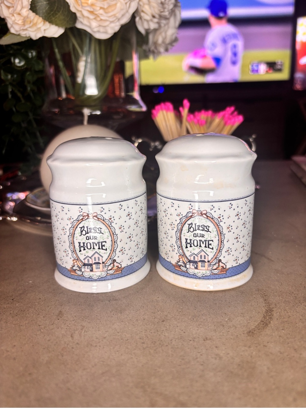 Vintage 1989 Fabrizio Enesco Bless Our Home Salt Pepper Shakers Country Cottage